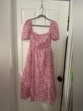 Pink Floral Puff Sleeve Midi Dress